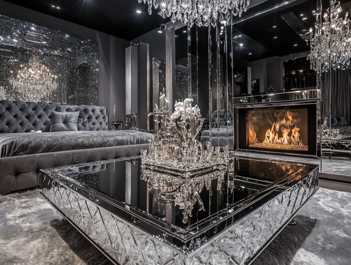 Modern luxury interior design featuring a silver and black color scheme, large glass coffee table with crystal chandelier, gray velvet bed, elegant silver mirrors, shiny metal mirror frame, gray carpet, cozy wood-burning fireplace, and sophisticated ambiance, captured with a Canon camera.