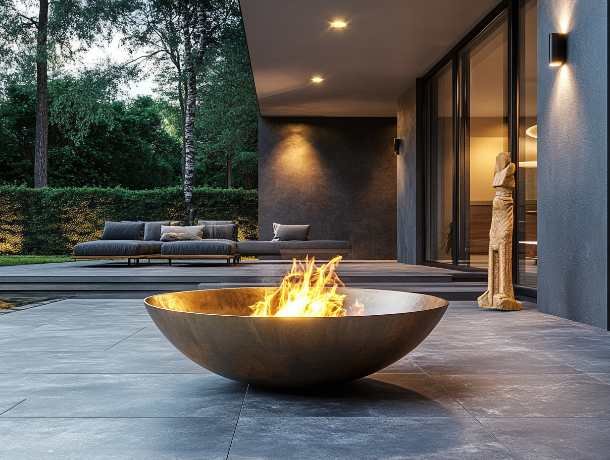 Modern minimalist outdoor living area with oversized fire bowl, gray floor tiles, comfortable seating, warm ambient lighting from wall-mounted sconce, wooden statue with golden accents, serene evening setting, soft shadows, and water feature reflections.