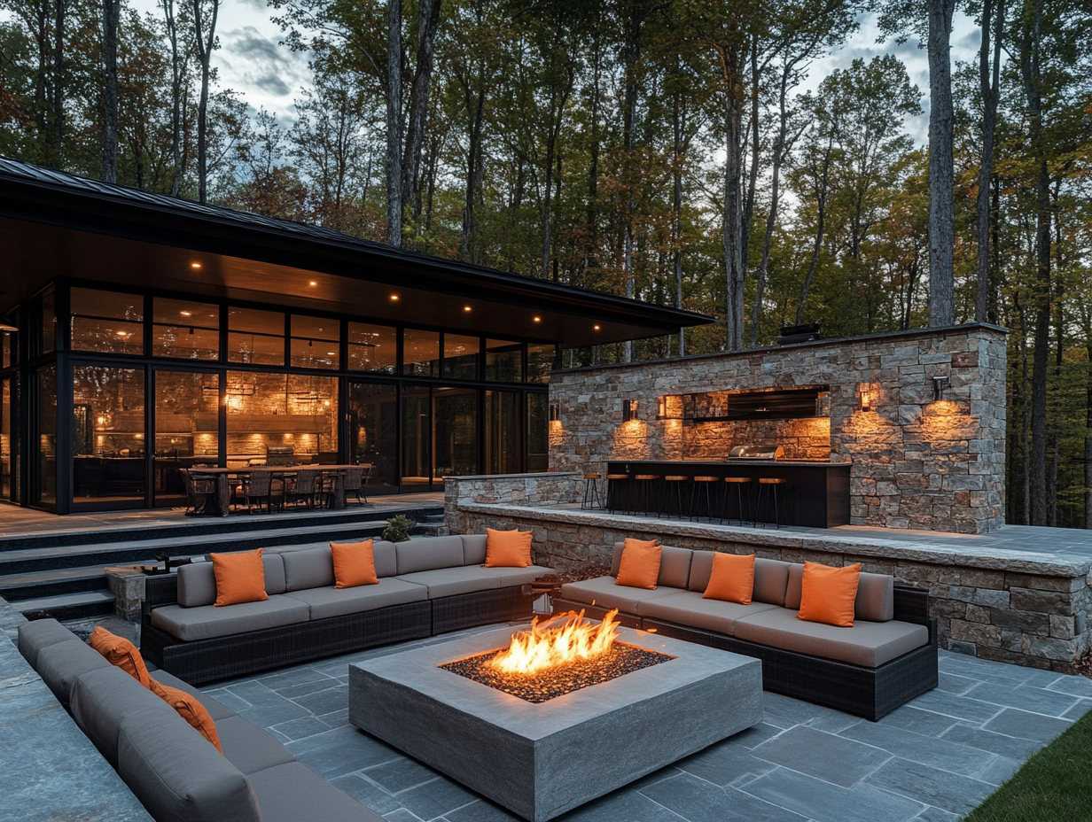 Modern outdoor living area at night in the woods of North Carolina featuring an elegant fire pit, comfortable grey couches with warm orange pillows, a home bar beside the seating, and a large stone wall with black steel frames as part of the house facade, illuminated by stylish lighting fixtures.