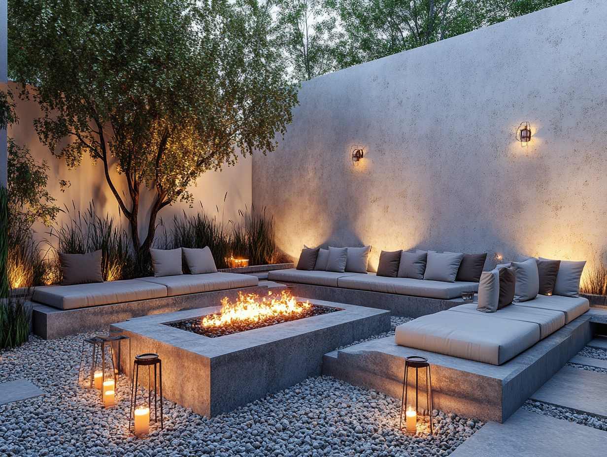 "Modern outdoor seating area at night featuring concrete benches, a fire pit, and warm lanterns, surrounded by pebbles and adorned with comfortable neutral-toned cushions, with trees creating dappled shadows in the background."