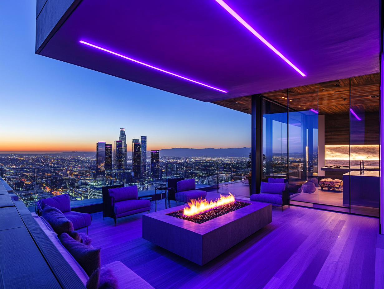 Modern penthouse terrace in Los Angeles at night featuring purple neon lights and a large fire pit, showcasing a stunning skyline view during the blue hour, with luxurious interior design highlighted in architectural photography.