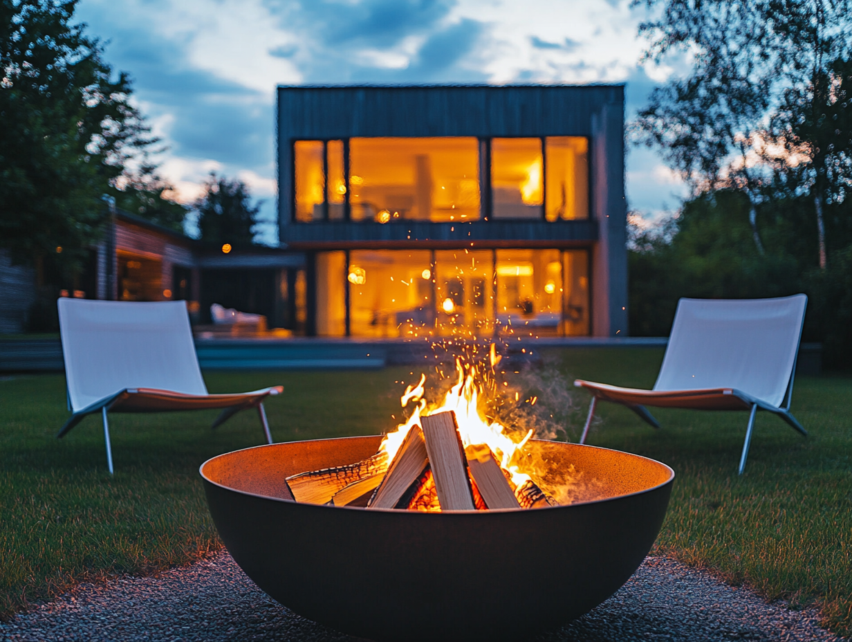 Open-air fire pit with burning wood and sparks at night, two white lawn chairs positioned opposite each other, and a modern house glowing in the background during dusk, captured with a Canon EOS R5 and wide-angle lens.