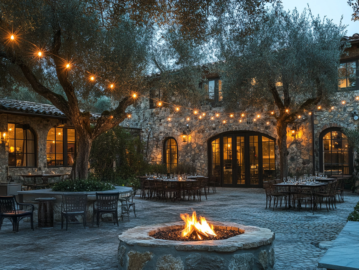 Outdoor dining area featuring a stone fire pit, surrounded by olive trees and string lights, overlooking a vintage restaurant courtyard, bathed in soft evening light for a cozy atmosphere, perfect for social gatherings at a country mansion featured in Boutique magazine.