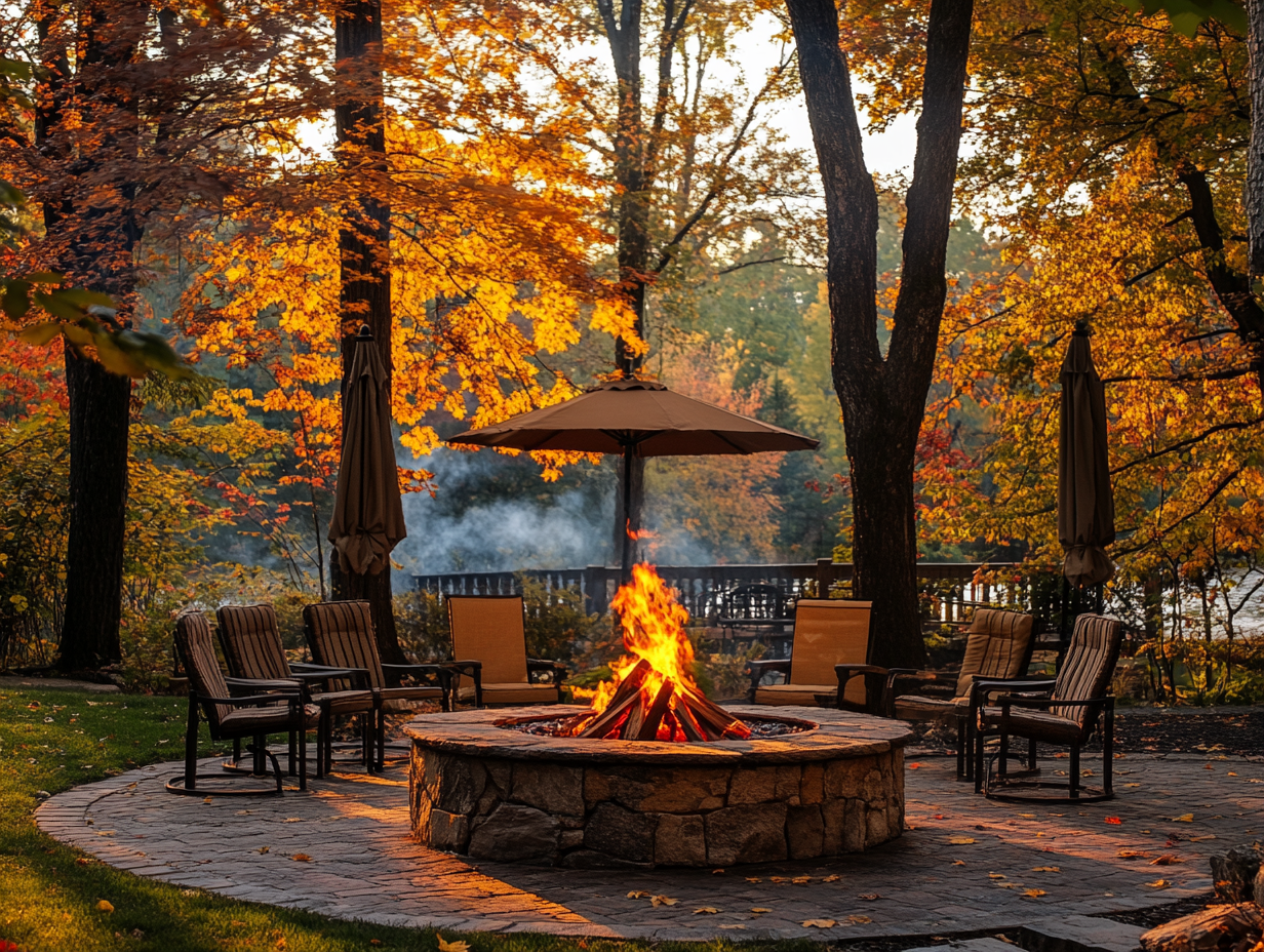 Outdoor fire pit with chairs and umbrellas surrounded by colorful autumn trees, warm evening light casting shadows, round stone brick base for burning wood with smoke rising, ideal for fall weather photography and interior design.