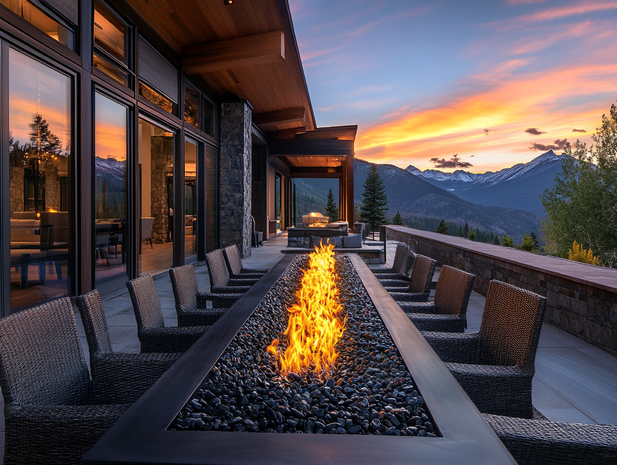 Rectangular fire pit with black river pebbles and flames on outdoor dining table, elegant mountain home at dusk, warm sunset hues highlighting dark wood textures and glowing embers.