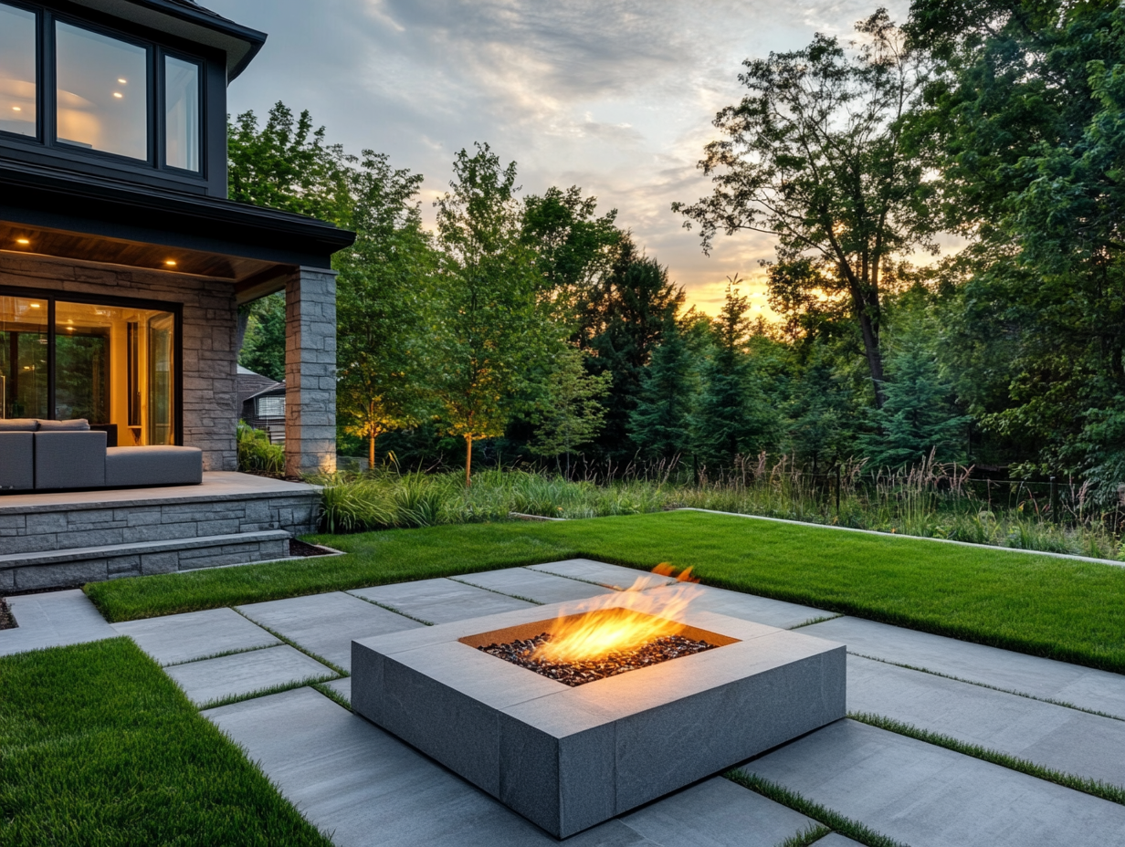 Outdoor fire pit with gray stone walls surrounded by grass and concrete pavers, illuminated by warm flames during golden hour, with a house and greenery in the background.