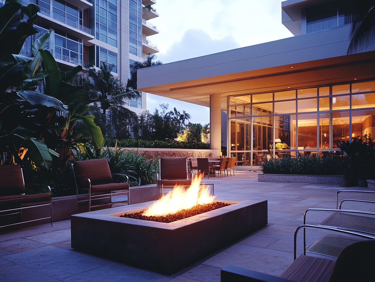 Outdoor fire pit surrounded by modern seating in a high-end apartment courtyard at dusk, featuring warm flames against sleek metal, multi-level architecture with large windows and balconies in the background, and lush greenery on the ground level, creating a serene evening atmosphere with soft lighting and long shadows.