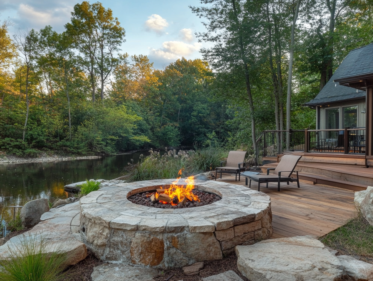 "Large round stone fire pit with metal grill on wooden deck, surrounded by natural stones and trees, creating an inviting outdoor seating area for relaxation and socializing, perfect for grilling and enjoying sunsets."