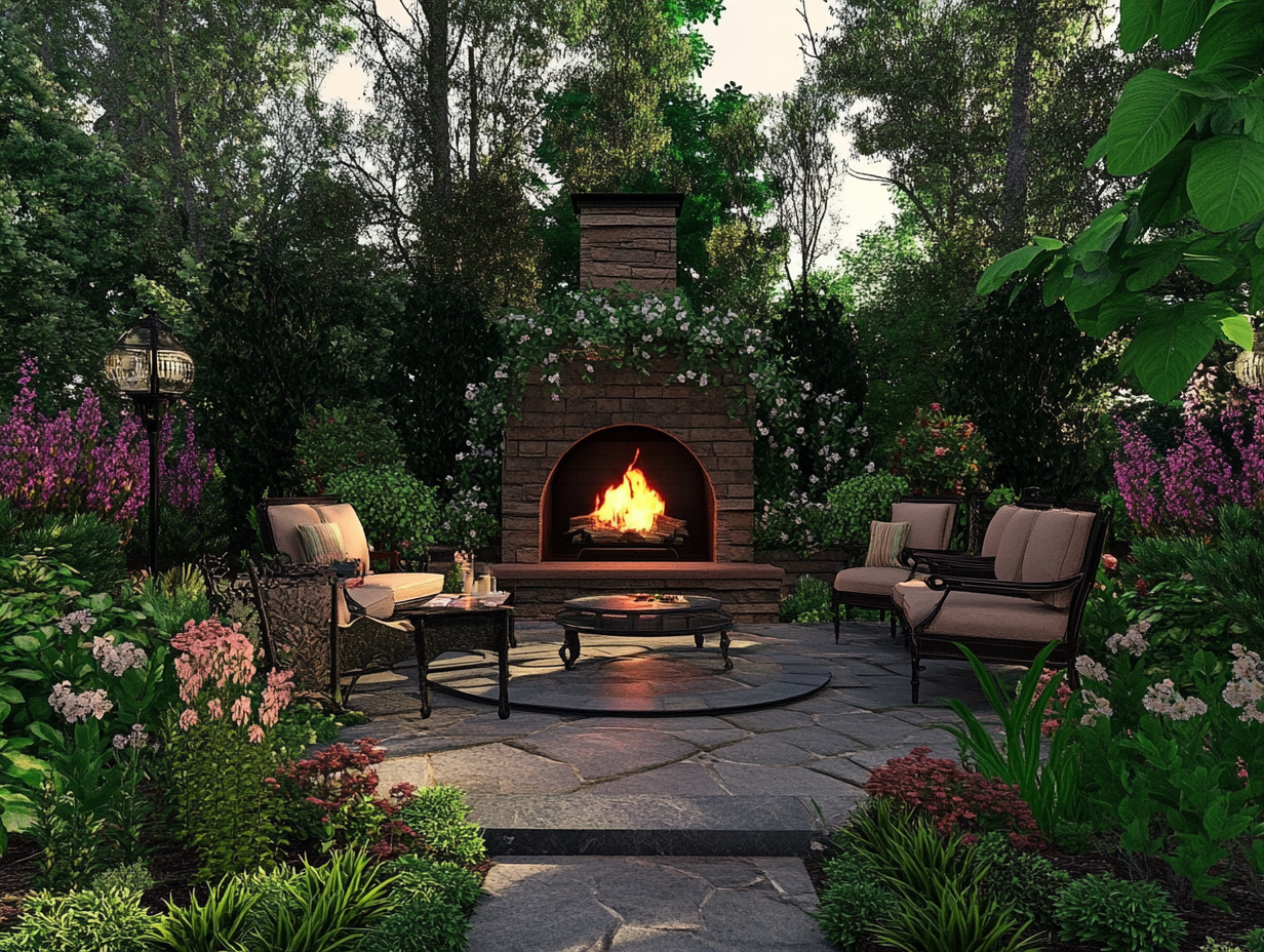 "Stunning outdoor fireplace in an elegant garden surrounded by lush greenery and comfortable seating areas, creating a cozy atmosphere for relaxation."