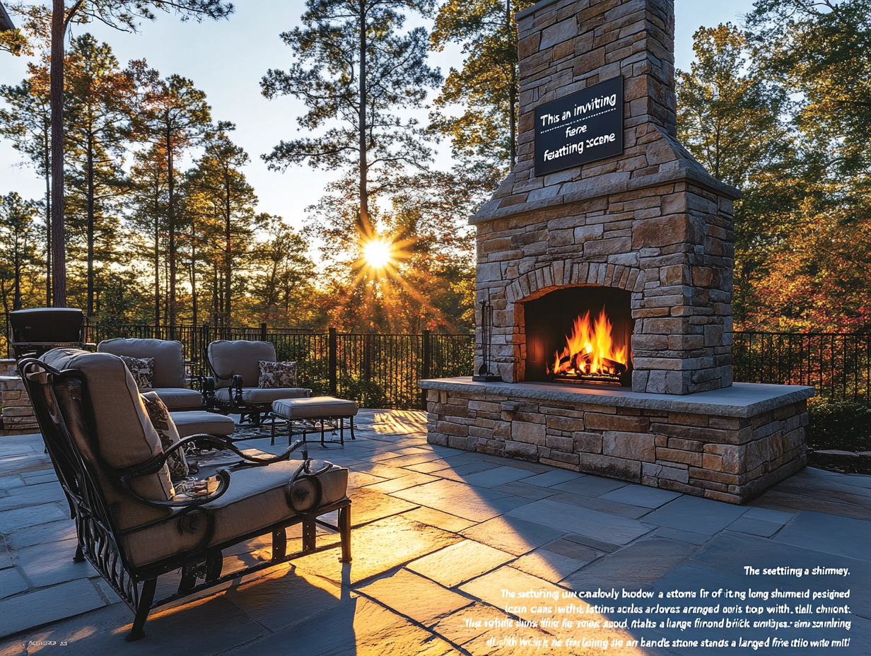 Outdoor fireplace in South Carolina woods, featuring a stone fire atop a tall chimney, basking in the warm glow of the setting sun. Elegant patio chairs surround the fireplace, casting long shadows across the beautifully designed patio. A sign reads "Meet Outdoors," encouraging DIY outdoor areas using materials from home. Logo at bottom right corner.