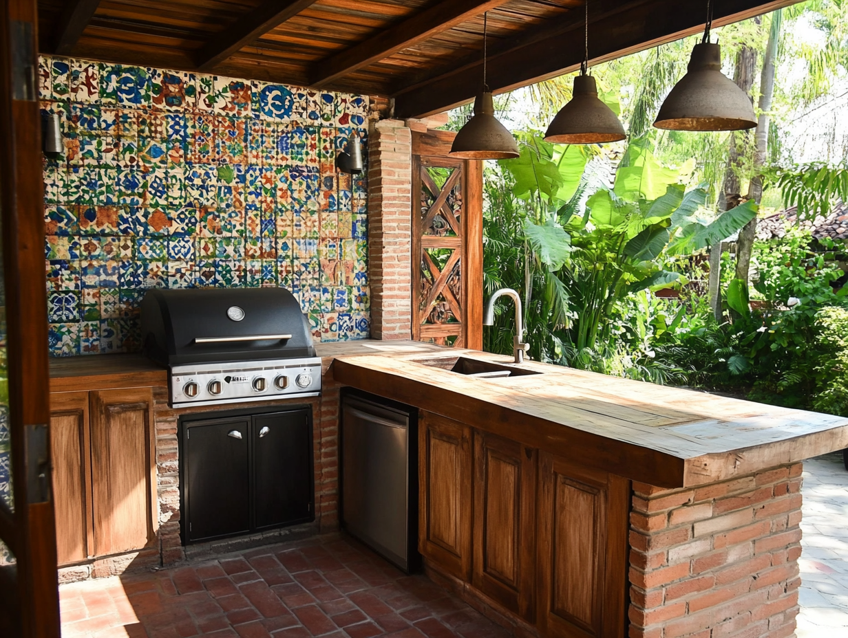 Outdoor kitchen with brick and wood accents, traditional Mexican tiles on the backsplash, natural light from wooden doors, and lush greenery; perfect vintage-style home decor inspiration with cultural charm for outdoor socializing and grilling.
