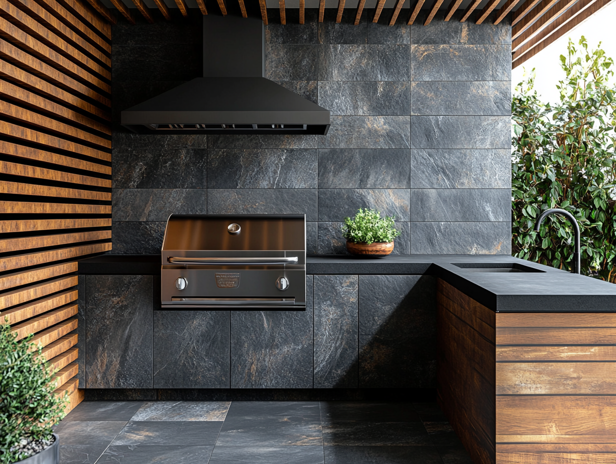 Outdoor kitchen featuring sleek black stone tiles and wooden slats on the wall, showcasing an open grill with a hood. View from the right side of the counter towards the left, highlighting the sink area, with a harmonious blend of natural wood textures and grey stone surfaces.