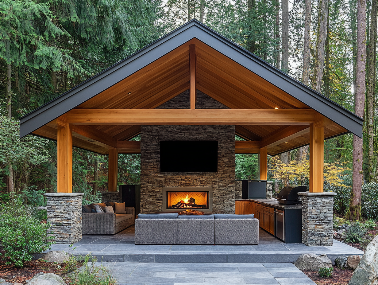 Large outdoor living space with gable roof featuring an indoor fireplace and mounted TV, surrounded by trees in a forest. Wooden frame structure with smooth finish and elegant stone wall interior, comfortable seating area, and built-in home entertainment system.