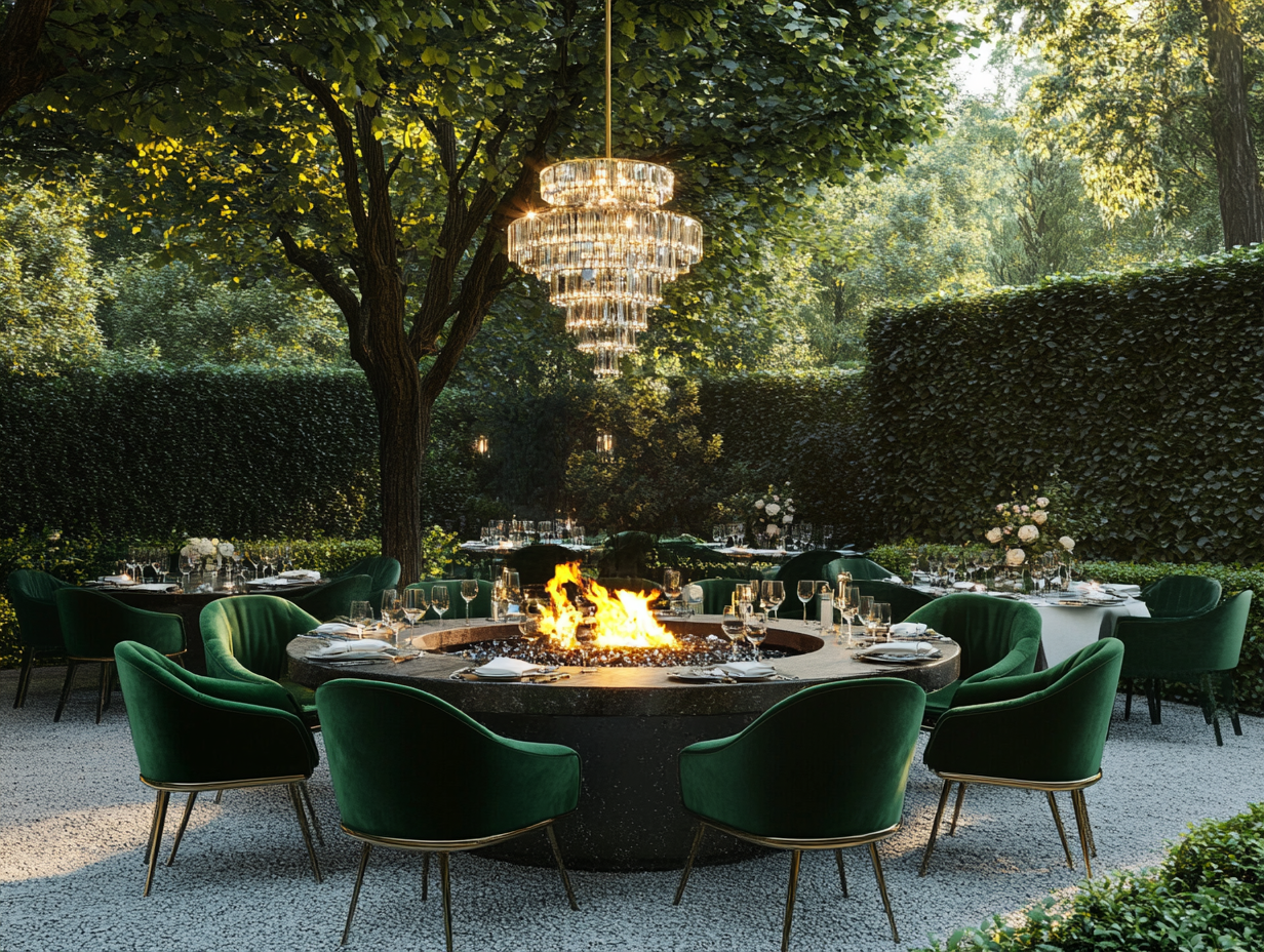 Luxurious outdoor dining setting with oversized fire pit, green velvet chairs, elegantly set tables under trees, and a chandelier, showcasing sophisticated decor, crystal lamps, and lush hedges for a glamorous gathering experience.