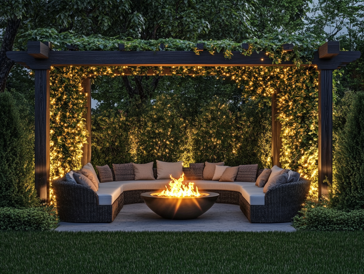 Outdoor seating area at night with round fire pit surrounded by comfortable sofas and chairs under a trellis, illuminated by warm lights; lush green grass enhances the serene ambiance, showcasing modern garden design with natural materials.