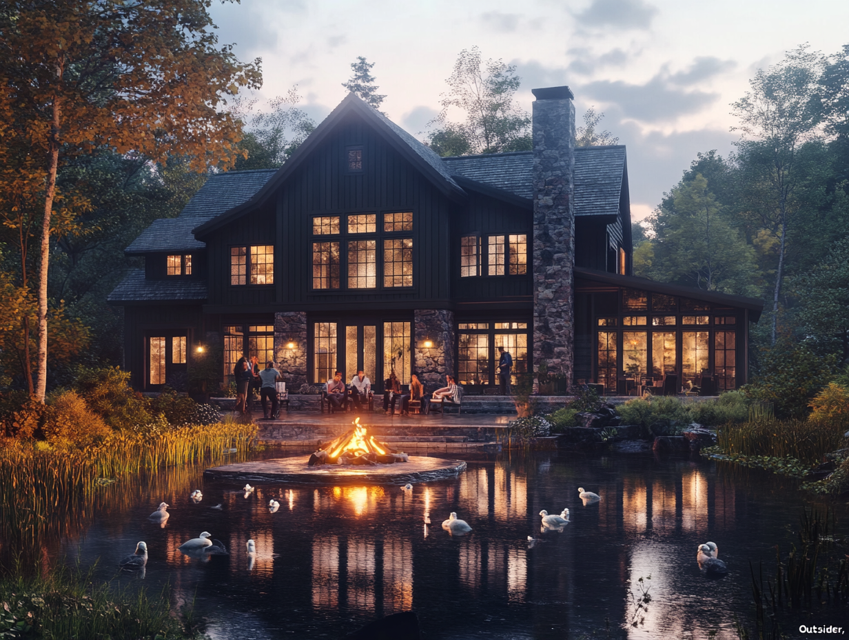 Group of friends gathered around an outdoor fire pit in front of a stunning Adirondack-style home with large windows, overlooking a tranquil lake at dusk, showcasing rustic luxury living with dark wood details, stone accents, and a lush garden filled with waterfowl.