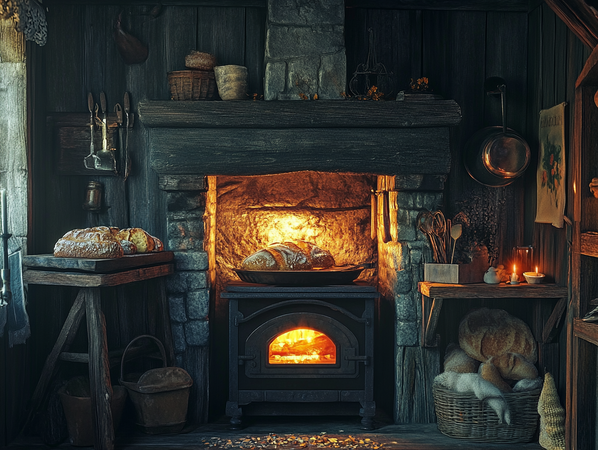 Rustic black wood stove with open oven glowing from candlelight, fresh bread inside, in cozy vintage kitchen with dark wooden walls and home baking tools, creating warm and inviting ambiance.