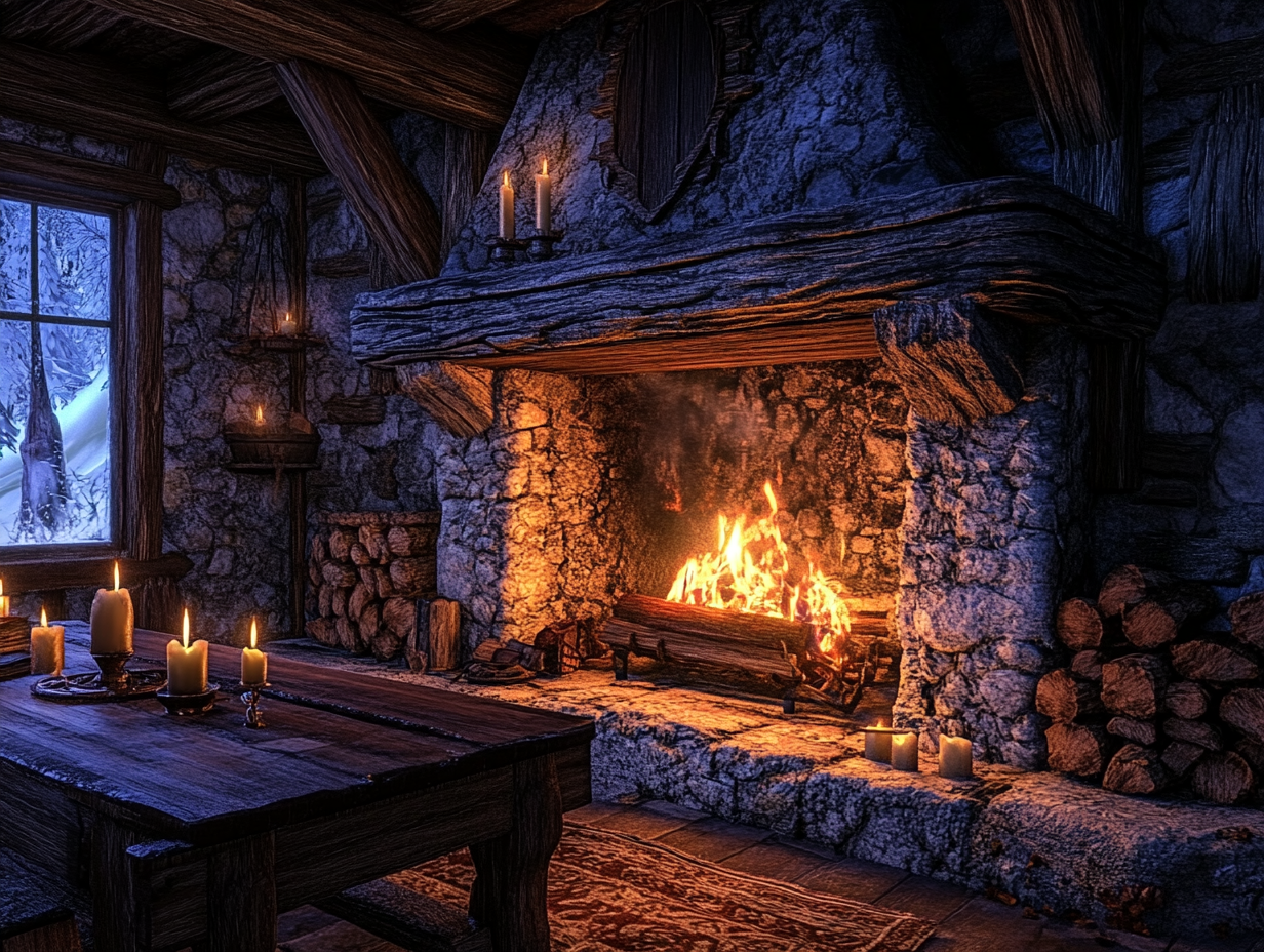 Cozy rustic cabin interior featuring a large stone fireplace, wood stack, old wooden table in front of the hearth, warm candlelight, and medieval tavern decor, creating an inviting atmosphere for winter days.