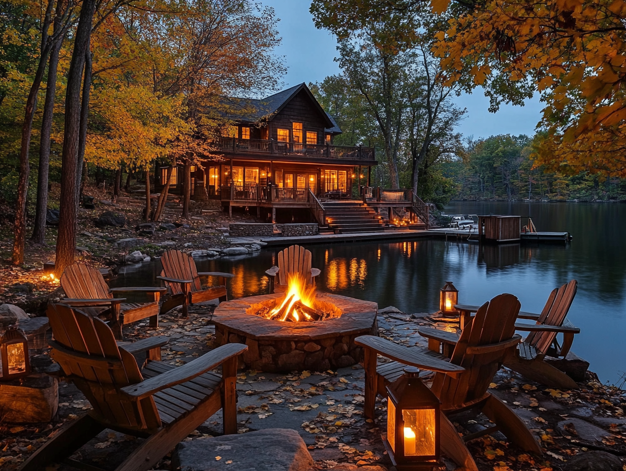 Rustic lakehouse at night with warm lantern lighting, outdoor fire pit and wooden chairs, stone dock leading to tranquil waters, and serene atmosphere.