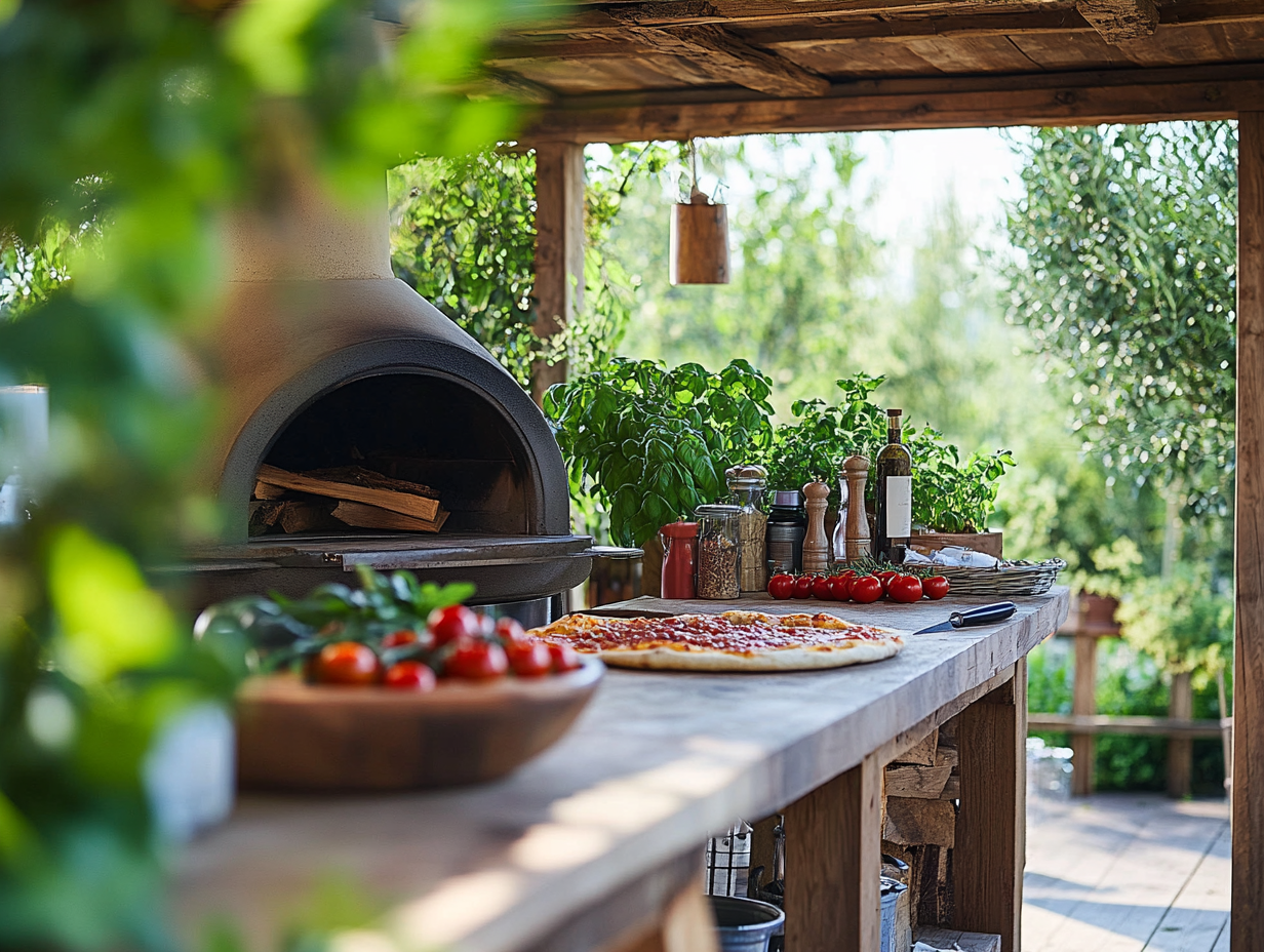 Rustic outdoor pizza oven in a farm-to-table kitchen setting, surrounded by fresh tomatoes and basil, evoking a romantic Italian dining atmosphere, captured with a Canon EOS R5 macro lens, soft natural lighting, shallow depth of field.