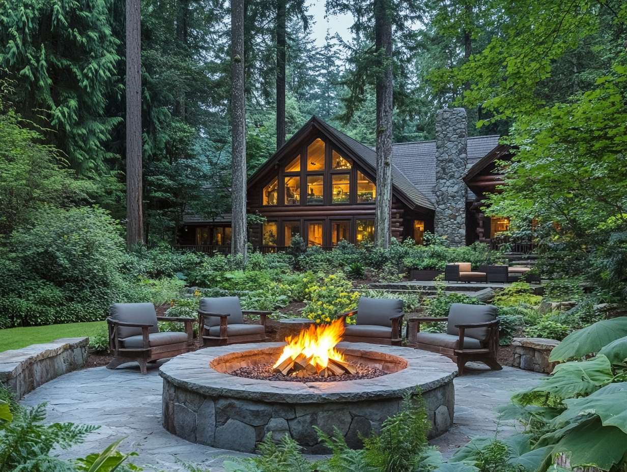 Rustic stone fire pit surrounded by comfortable seating in an expansive garden with lush greenery and tall trees, featuring a large log cabin house with big windows, perfect for family gatherings or romantic moments under the stars, captured with a Canon EOS and 24-70mm lens.