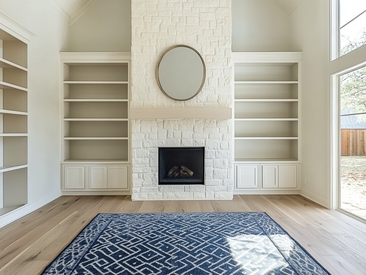 Light-colored stone fireplace with white oak built-in bookshelves, oval mirror above, in a modern farmhouse living room featuring wide plank floors and off-white walls, complemented by a geometric blue rug and natural sunlight streaming through two windows.