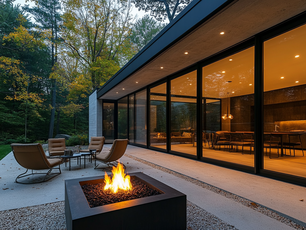 Sleek modern home with large windows, showcasing a cozy outdoor fire pit surrounded by comfortable chairs, illuminated by warm indoor lighting and the glow of the bonfire, perfect for gatherings during late nights or warm summer days.