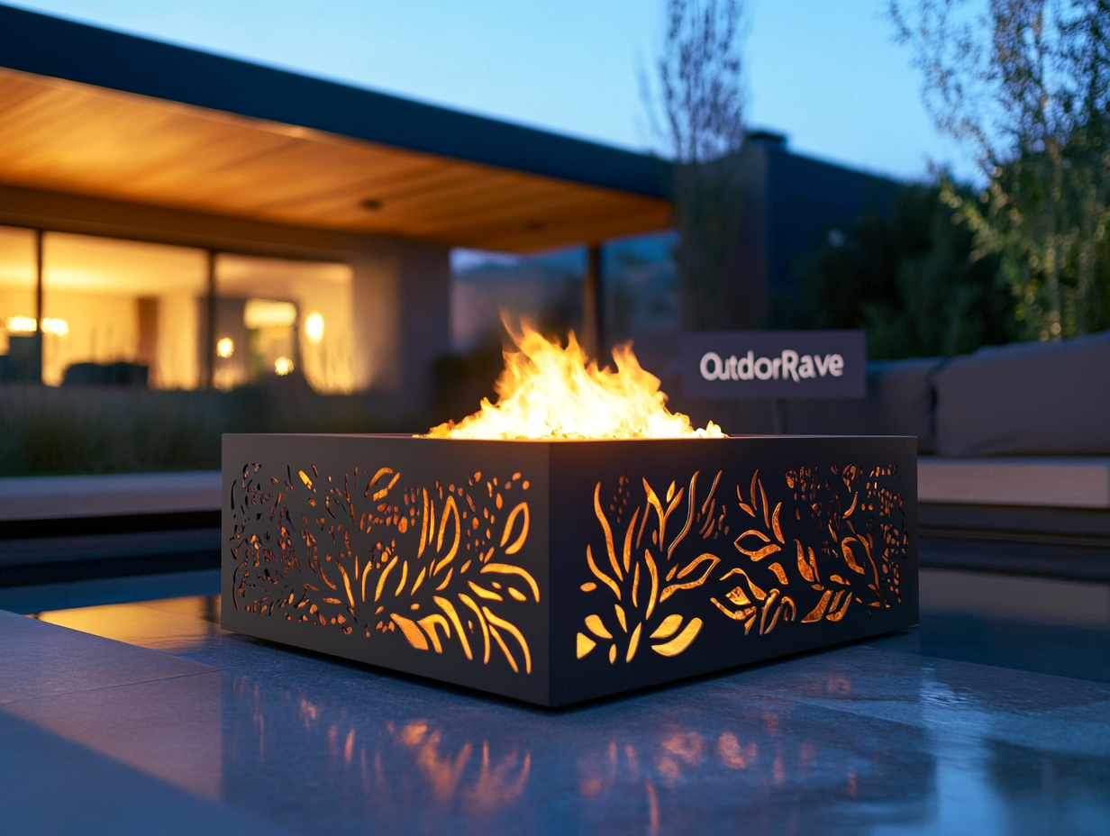 Sleek square fire pit with intricate nature-inspired cut-out designs glowing at night, surrounded by modern home architecture and an "Outdoor Rave" sign, creating an elegant outdoor setting that blends luxury and artistry.