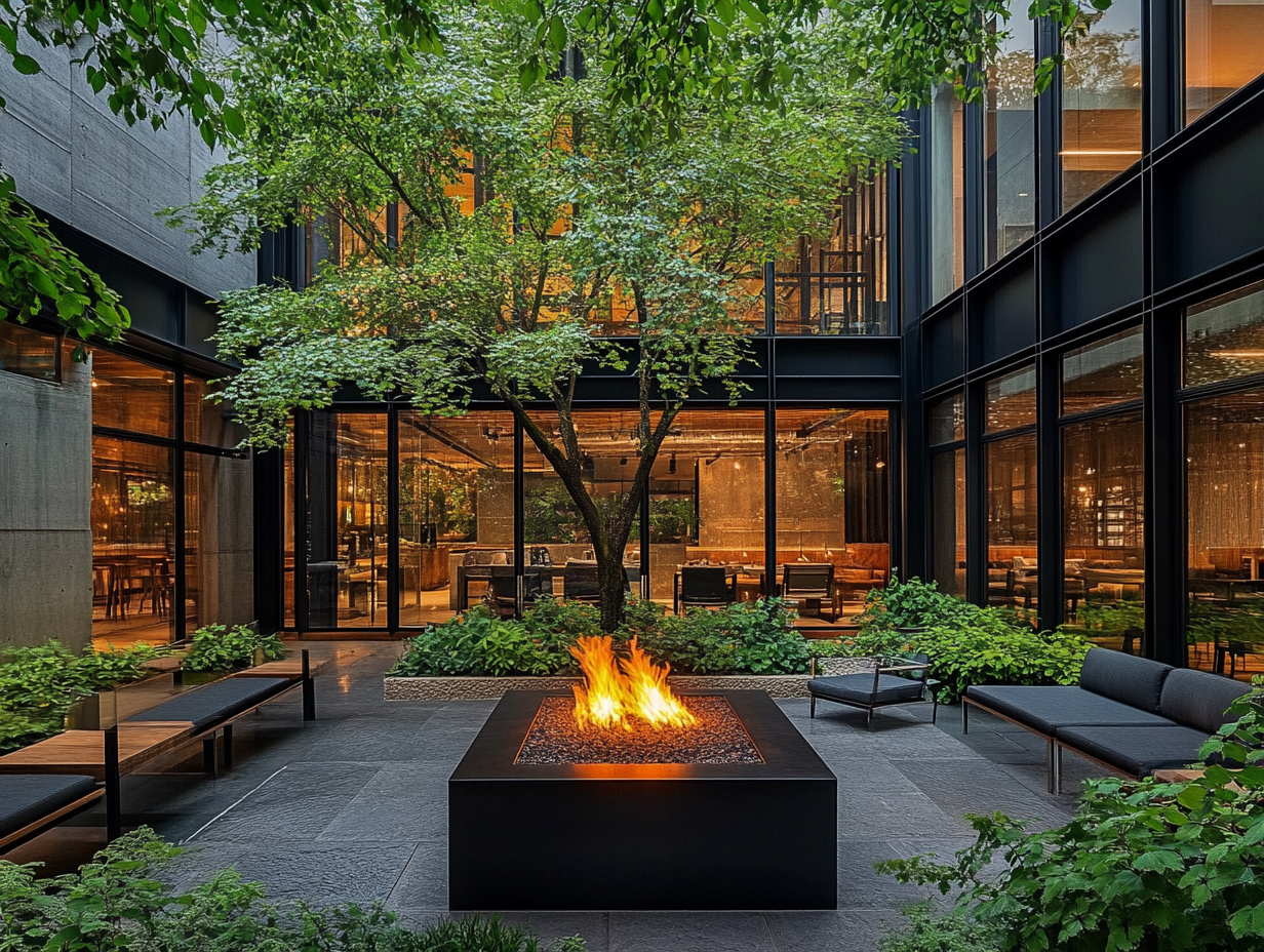 Modern outdoor courtyard featuring a large square fire pit, surrounded by seating and glass walls, with lush greenery and a black steel frame. A tree grows through the glass wall, enhancing natural lighting in this contemporary architectural design.