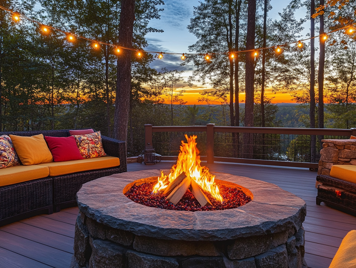 Stone fire pit on outdoor deck surrounded by comfortable seating and colorful cushions under string lights at sunset, creating a cozy atmosphere for summer nights with friends and family.