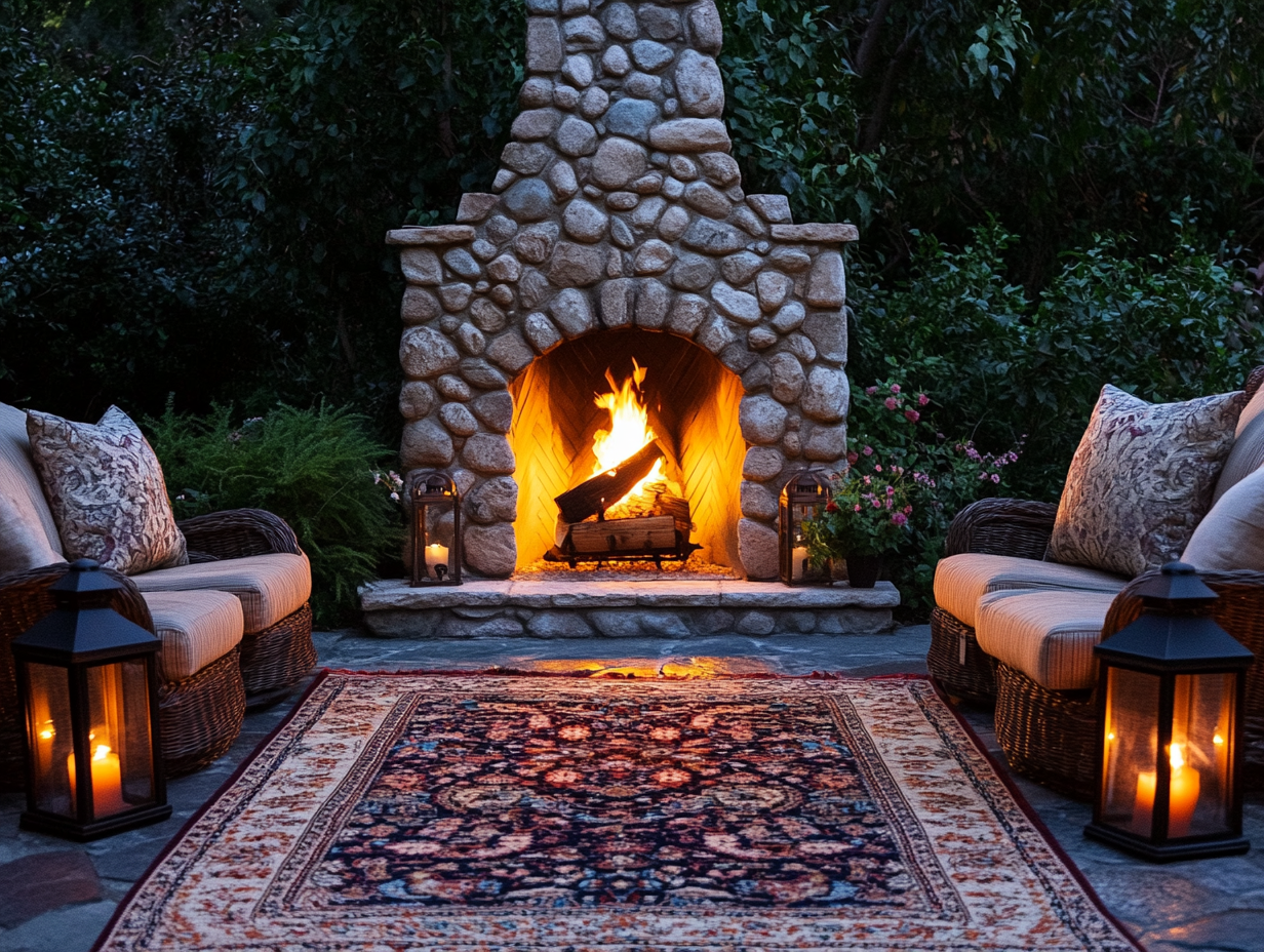 Stone outdoor fireplace with burning fire, surrounded by comfortable chairs and lanterns, illuminated by warm light, featuring a Persian-style patterned rug and greenery, creating a cozy atmosphere for gatherings at night.