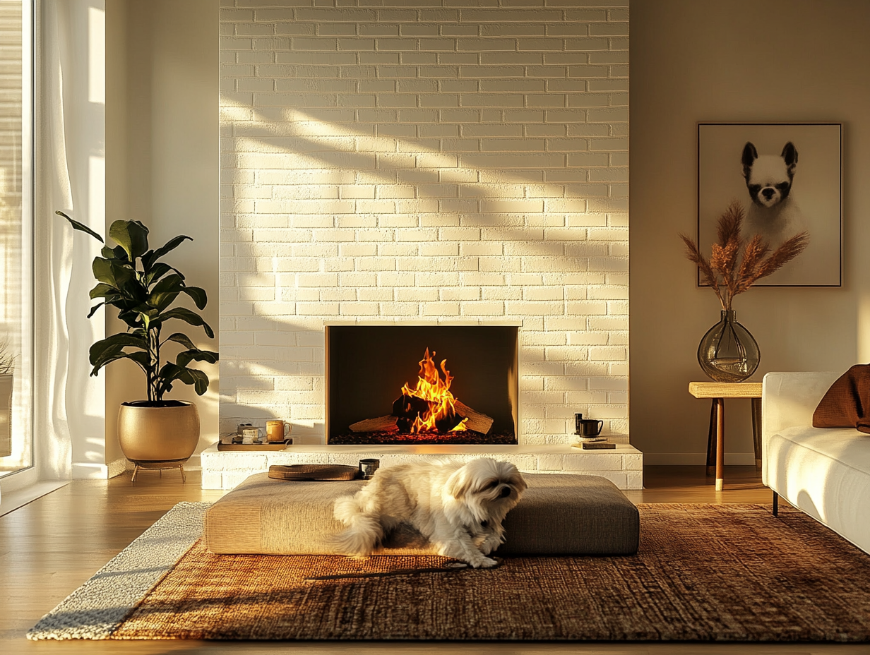 "Cozy open-plan living room featuring a simple white brick fireplace, plush rug, modern coffee table, and a sleeping Maltese dog on the bench, with warm firelight enhancing the inviting atmosphere."