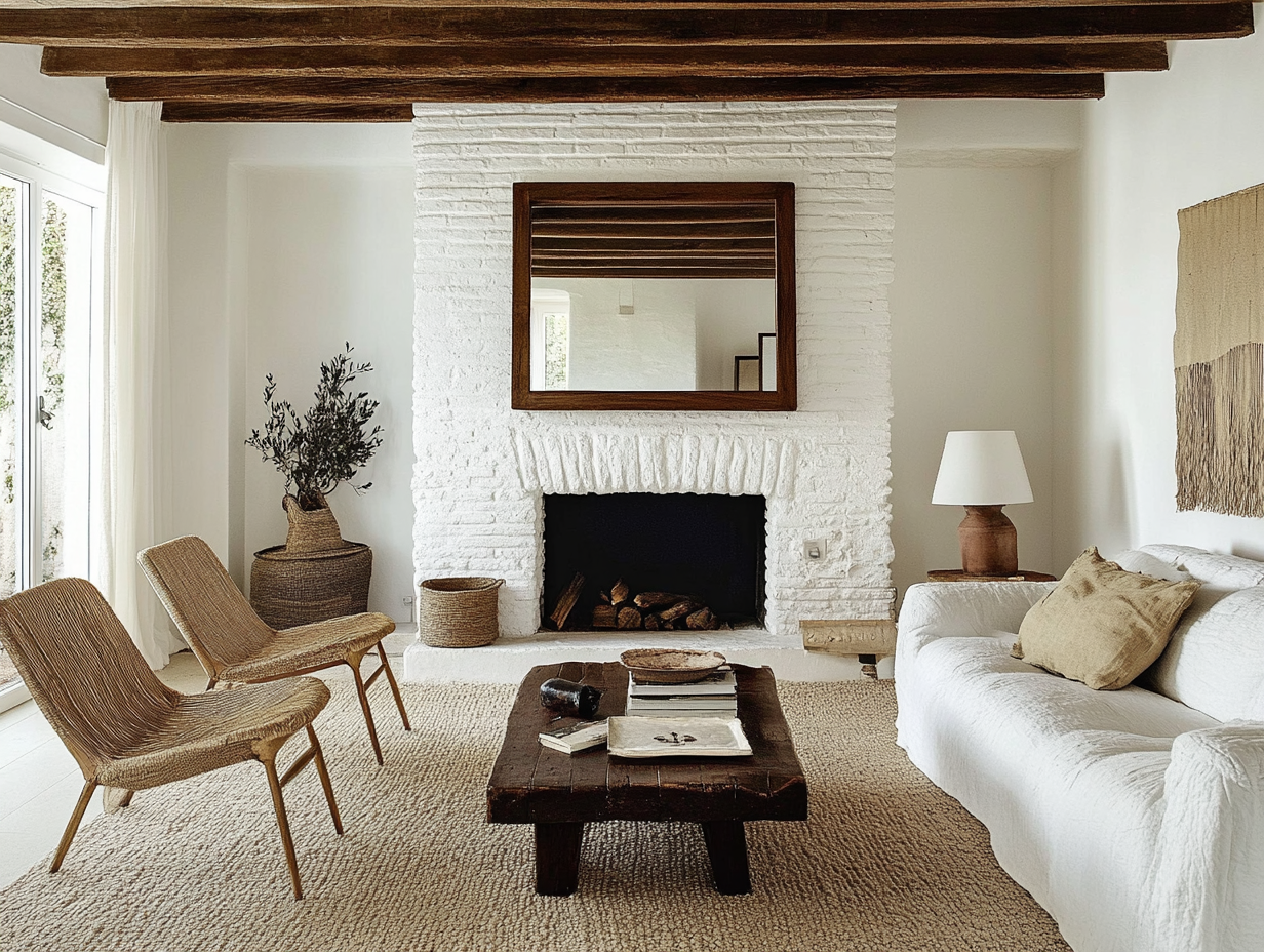 "White painted brick fireplace with dark wood mirror, showcasing farmhouse-style home interior design in a modern living room with white and brown color palette."