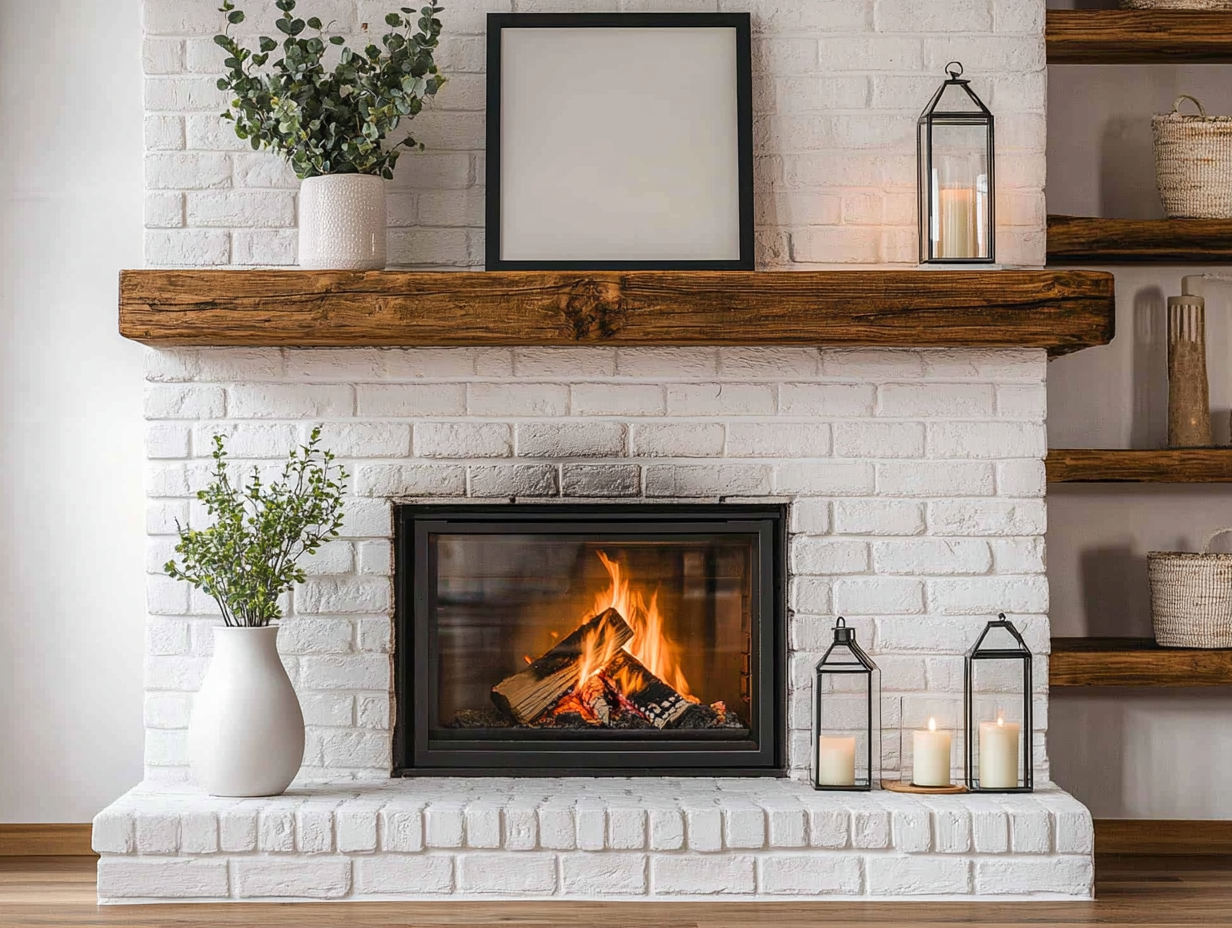 Alt text: Cozy living room featuring a white brick fireplace with a wooden beam and black-framed picture above it, a wood-burning fireplace set against a white stone wall, a wooden shelf with a white ceramic vase containing a green plant, decorative glass lanterns, warm wooden floors, and abundant natural light.