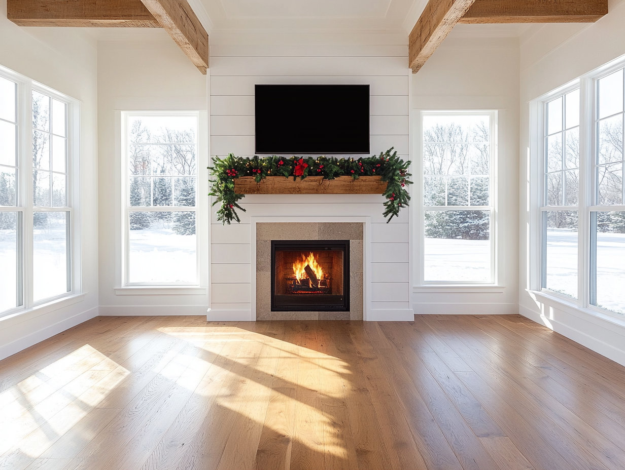 Modern farmhouse living room featuring a white shiplap fireplace wall with a TV above, a wooden fireplace mantle with Christmas greenery, large side windows, and a long white oak window, all set on a stylish wood floor.