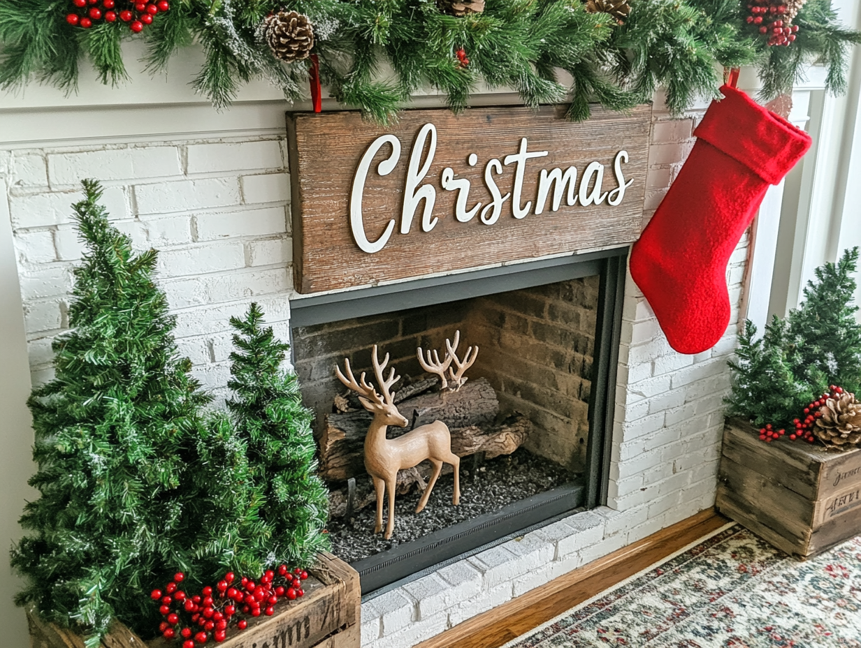 A Christmas-themed brick fireplace decorated with greenery, deer figurines, and a wooden "Christmas" sign in cursive. Vintage decorations include small pine trees and red berries on the left. Above the fireplace, an old wooden box filled with evergreen branches and red bows. The background features white shiplap walls with dark trim. Two tiny stockings hang from a rope in front, with a cozy rug on the floor.