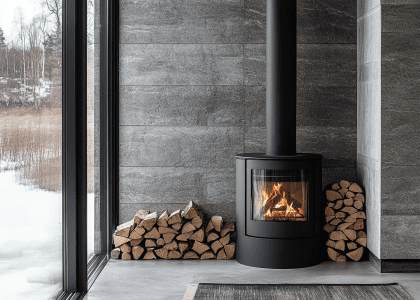 Black wood stove in front of a grey stone wall, with stacked firewood, showcasing Scandinavian-inspired interior design and natural light for a cozy, minimalist aesthetic.