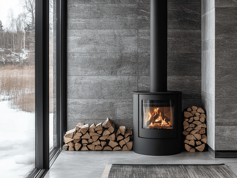 Black wood stove in front of a grey stone wall, with stacked firewood, showcasing Scandinavian-inspired interior design and natural light for a cozy, minimalist aesthetic.