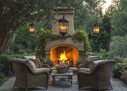 Charming outdoor fireplace in elegant garden setting with wicker chairs and hanging lanterns, creating a cozy ambiance for social gatherings amidst lush greenery and a warm glow.