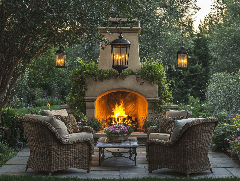 Charming outdoor fireplace in elegant garden setting with wicker chairs and hanging lanterns, creating a cozy ambiance for social gatherings amidst lush greenery and a warm glow.