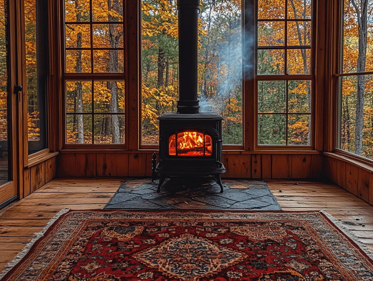 Cozy cabin interior with rustic wood paneling, large windows revealing autumn forest views, an elegant black stove burning, and a beautiful Persian rug, captured with a Canon EOS 50mm lens at f/2.8 aperture and ISO 400, creating warm, soft lighting and a comforting atmosphere.