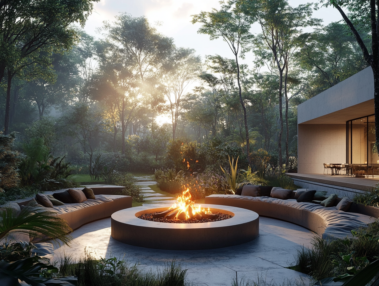 "Cozy outdoor seating area featuring a round fire pit surrounded by lush greenery, modern concrete surfaces, and soft cushions, ideal for socializing in warm natural light."