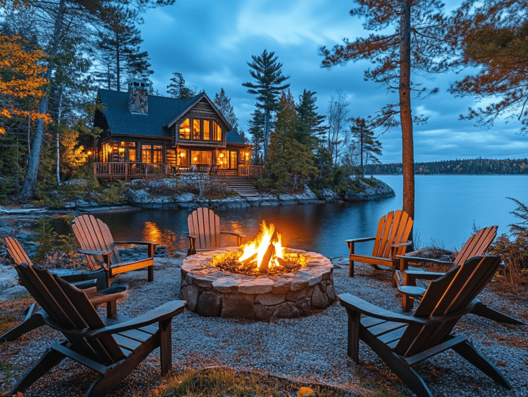 A cozy large wooden lakehouse on an island in Canada surrounded by forests, featuring a stone fire pit with Adirondack chairs, illuminated twinkling lights at night, and a serene water view for relaxing evenings under the stars.