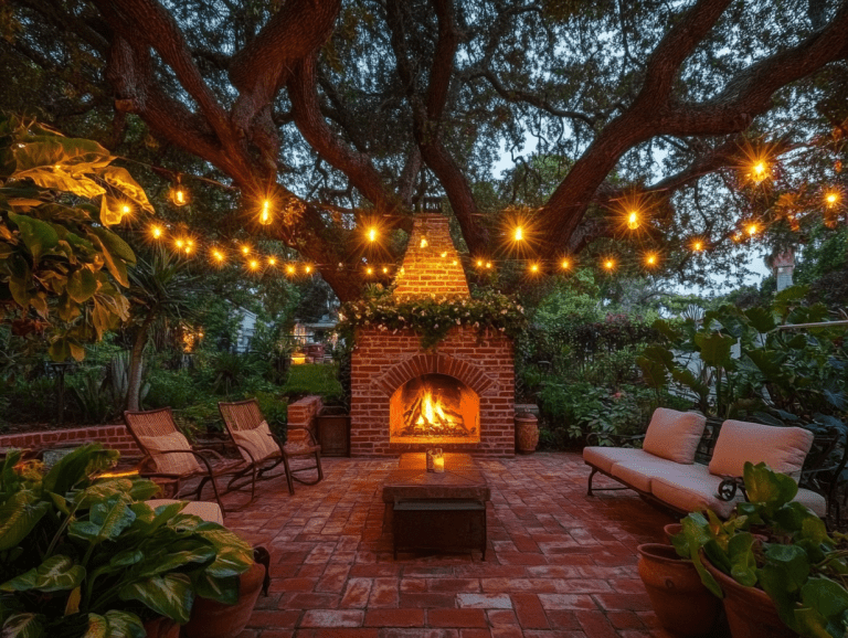 Cozy outdoor fireplace surrounded by string lights creating a romantic atmosphere, with comfortable seating on a brick floor, green plants, and a large tree in the background, all illuminated at night in a home garden setting.