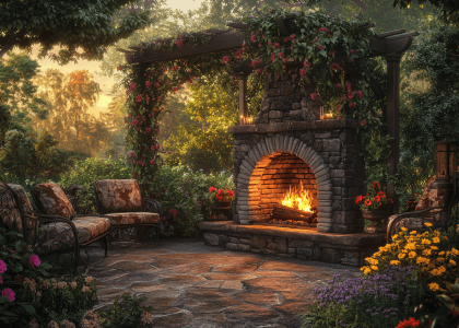 Stone outdoor fireplace with arbor, surrounded by comfortable seating and colorful flowers, creating a cozy relaxation space in nature, illuminated by warm fire glow, captured with Canon EOS and wide-angle lens for vibrant summer night ambiance.