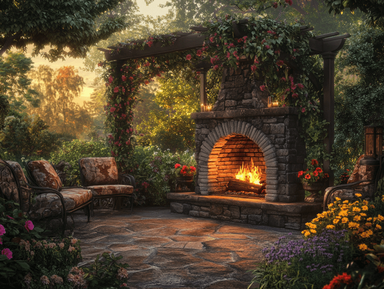 Stone outdoor fireplace with arbor, surrounded by comfortable seating and colorful flowers, creating a cozy relaxation space in nature, illuminated by warm fire glow, captured with Canon EOS and wide-angle lens for vibrant summer night ambiance.