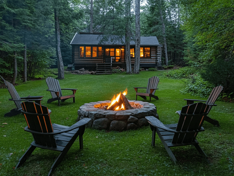 Cozy outdoor setting with an old-fashioned wooden cabin, lush green grass and trees, a circular stone fire pit with four Adirondack chairs, and warm light glowing from the cabin windows, perfect for summer evenings with family and friends.