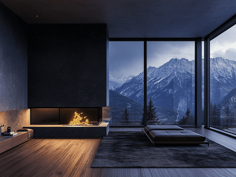 Dark modern living room with black stone fireplace, large mountain-view window at night, wood floor, dark rug, minimalistic style, warm lighting, and cozy atmosphere in photorealistic quality.