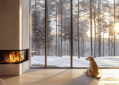 A dog sitting on the floor of a Scandinavian modern house, gazing out through large windows at a snow-covered forest, with a cozy burning fireplace and golden hour light illuminating the minimalistic interior design.