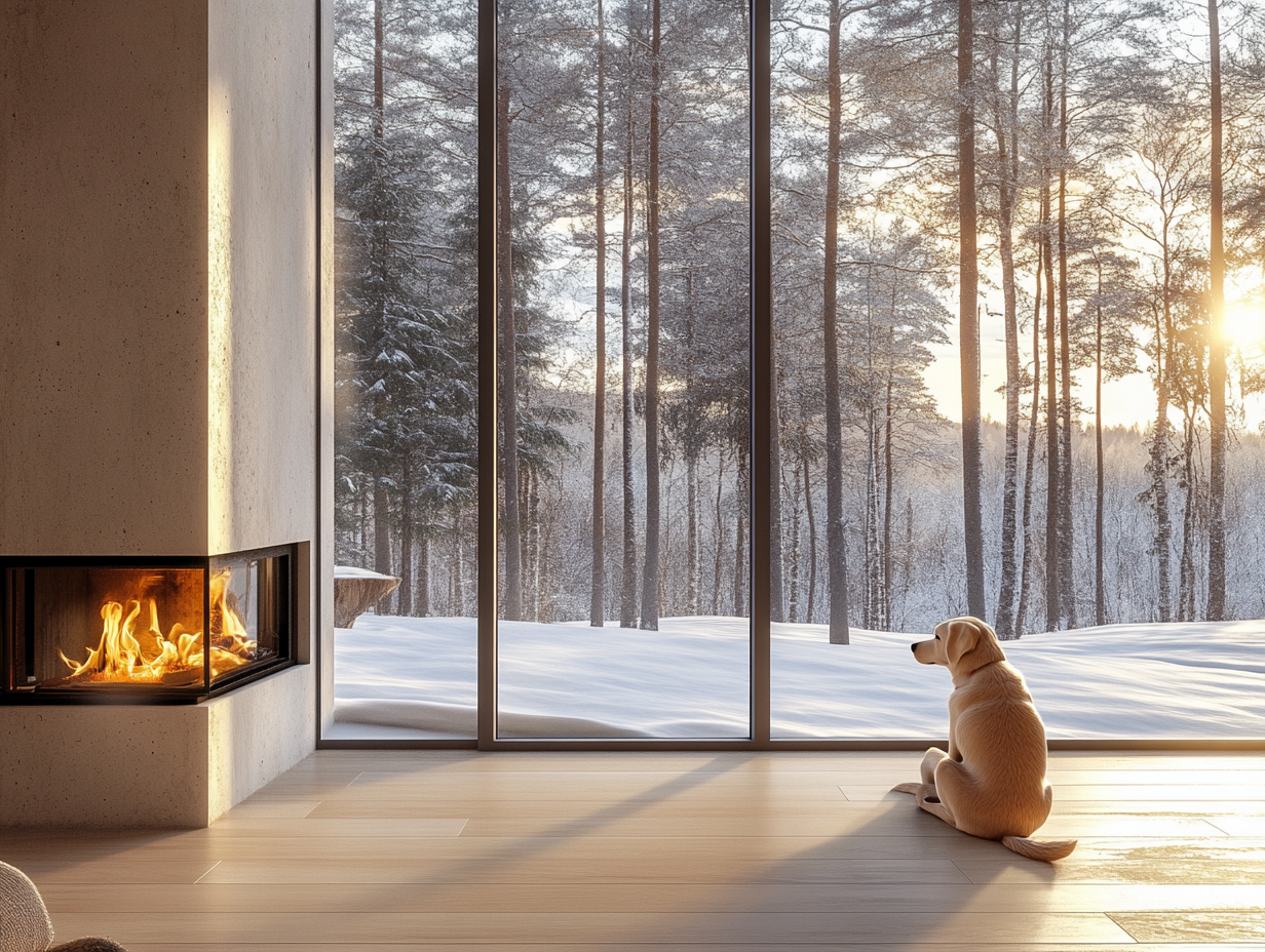 A dog sitting on the floor of a Scandinavian modern house, gazing out through large windows at a snow-covered forest, with a cozy burning fireplace and golden hour light illuminating the minimalistic interior design.